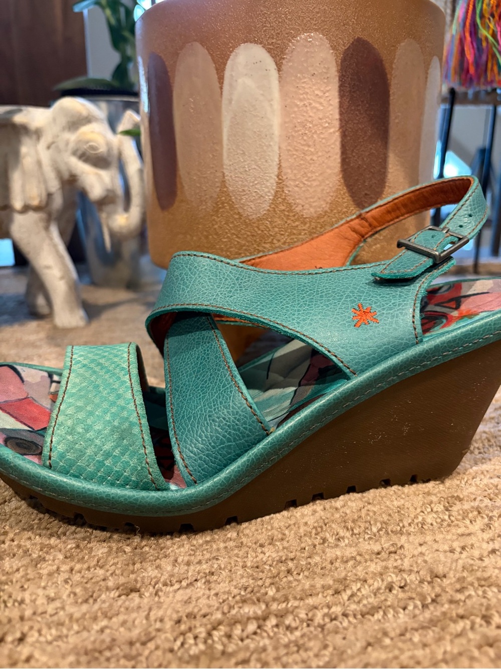 The Art Company Teal Leather Wedge Sandals Size 39 Spain